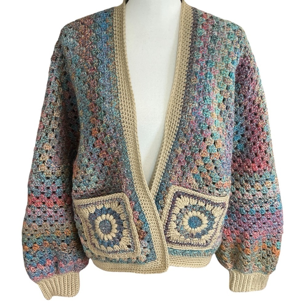 Handcrafted Crochet Hexagon Cardigan Sweater Open Front Wide Sleeve 2 Pockets - Picture 2 of 16